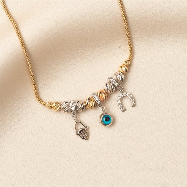 Rondelle CZ Evil Eye Hamsa Hand of Fatima Horseshoe Beaded Ball Dangle Charm Solid Gold Bracelet