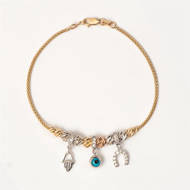 Rondelle CZ Evil Eye Hamsa Hand of Fatima Horseshoe Beaded Ball Dangle Charm Solid Gold Bracelet