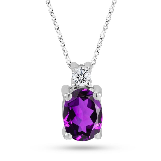 0.06 Ct Diamond Oval Amethyst Solitaire Solid Gold Necklace