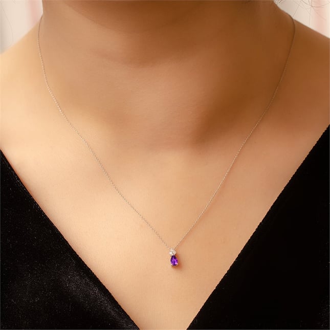 0.04 Ct Diamond Pear Amethyst Solid Gold Necklace