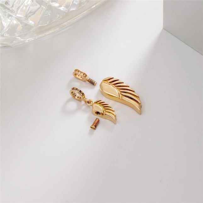 CZ Cremation Angel Wing Feather Key Cross Engraved Solid Gold Charm
