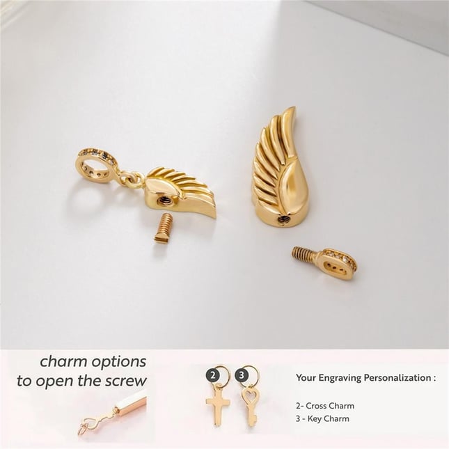 CZ Cremation Angel Wing Feather Key Cross Engraved Solid Gold Charm