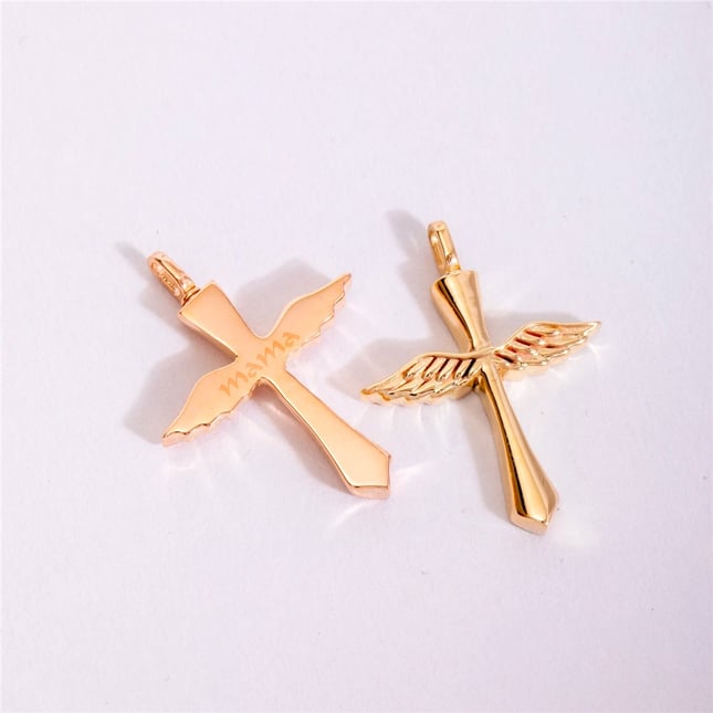 CZ Cremation Angel Wing Cross Engraved Solid Gold Necklace