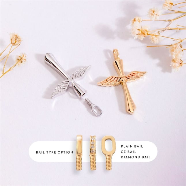 CZ Cremation Angel Wing Cross Engraved Solid Gold Necklace