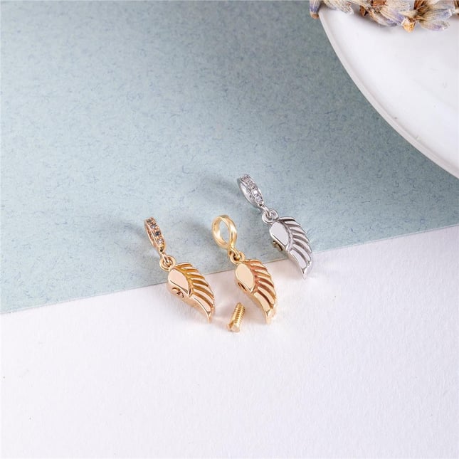 CZ Cremation Angel Wing Key Cross Initial Letter Paw Initial Dangle Solid Gold Charm