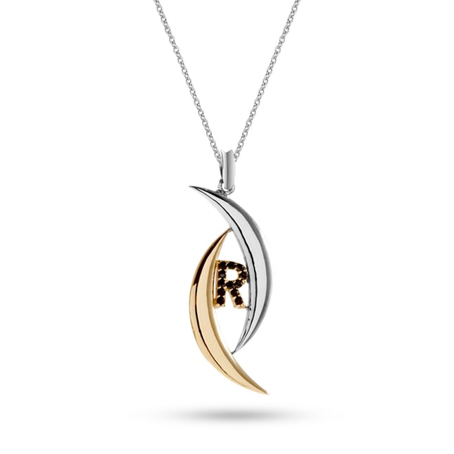 CZ Crescent Moon Initial Letter Solid Gold Necklace