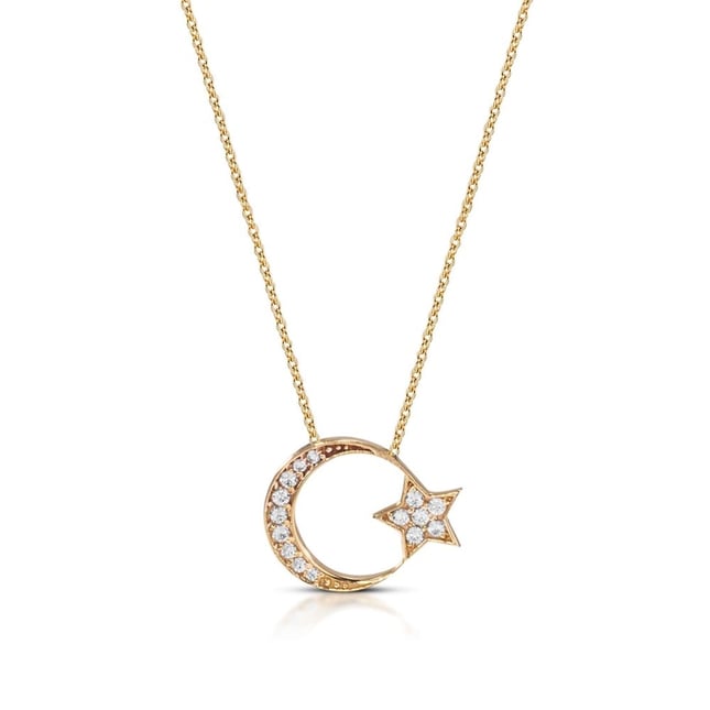 Crescent Moon and Star Solid Gold Necklace