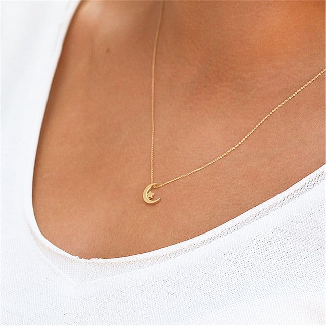 Crescent Moon and Star Solid Gold Necklace