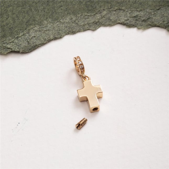 Cremation Cross Engraved Solid Gold Charm