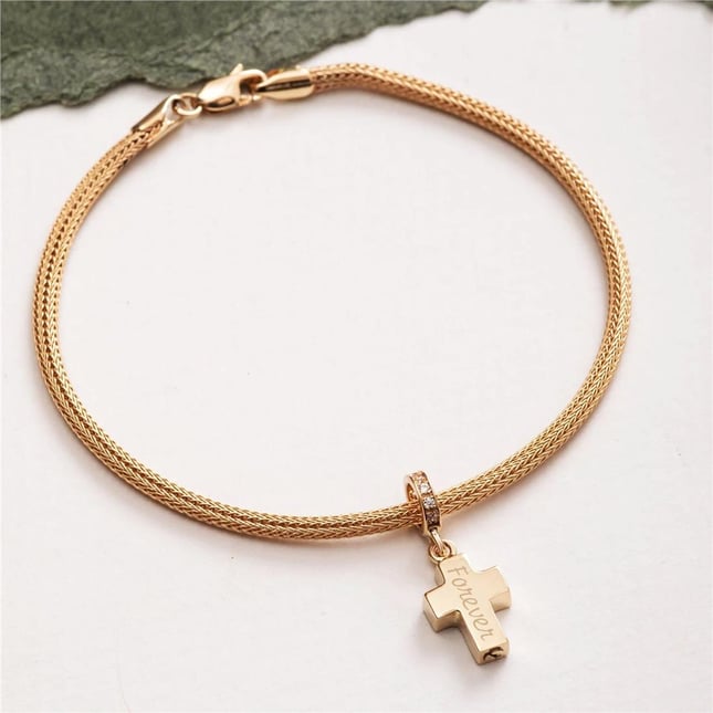 Cremation Cross Engraved Solid Gold Charm