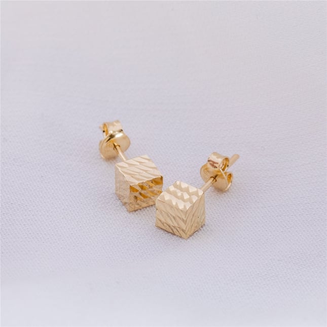 Textured Cube Stud Solid Gold Earring