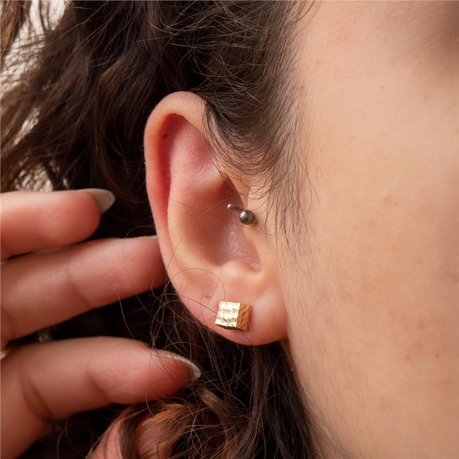 Textured Cube Stud Solid Gold Earring