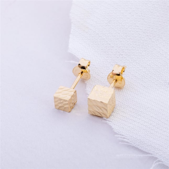 Textured Cube Stud Solid Gold Earring