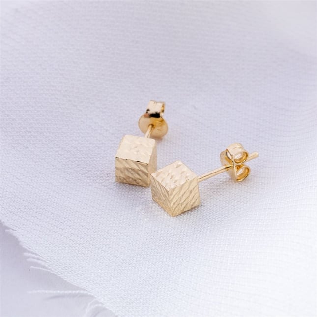Textured Cube Stud Solid Gold Earring