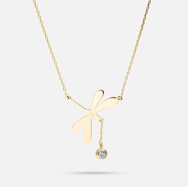 CZ Dragonfly Initial Letter Solid Gold Necklace