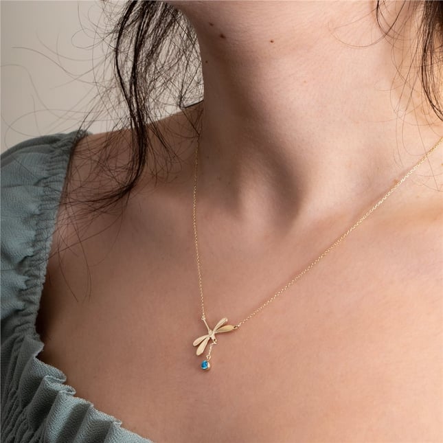 CZ Dragonfly Initial Letter Solid Gold Necklace