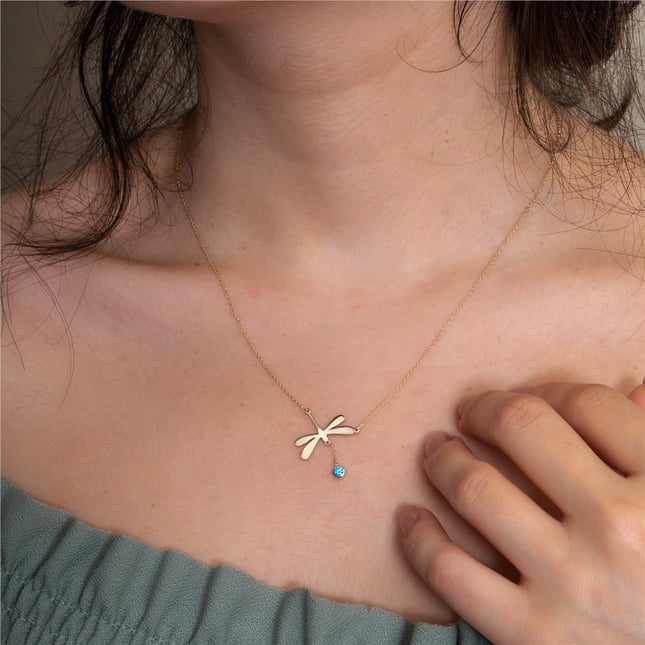 CZ Dragonfly Initial Letter Solid Gold Necklace
