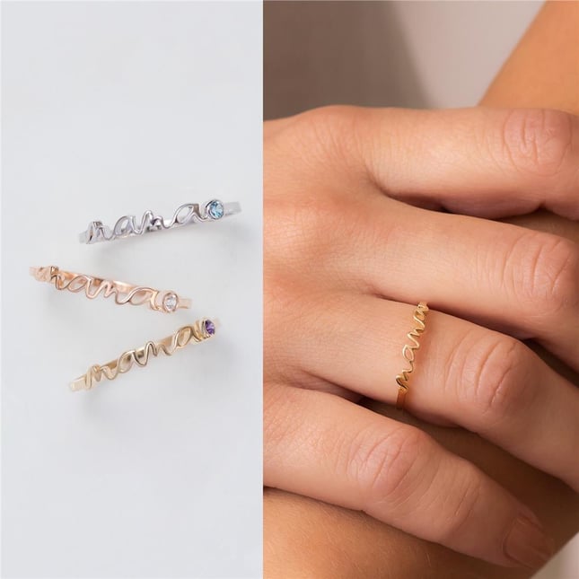 CZ Mama Name Solid Gold Ring