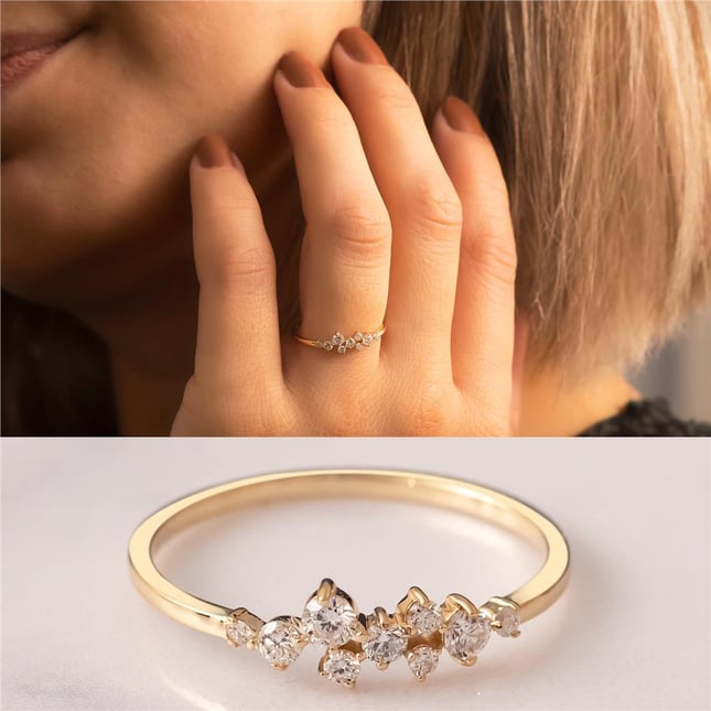 0.25 Ct Diamond Celestial Constellation Asymmetric Delicate Band Solid Gold Ring