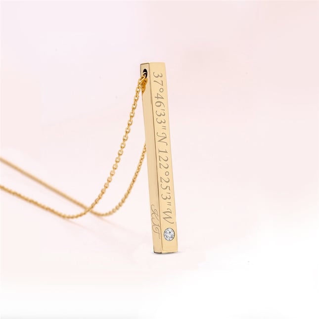0.03 Ct Diamond Personalized 3D Bar Solid Gold Necklace