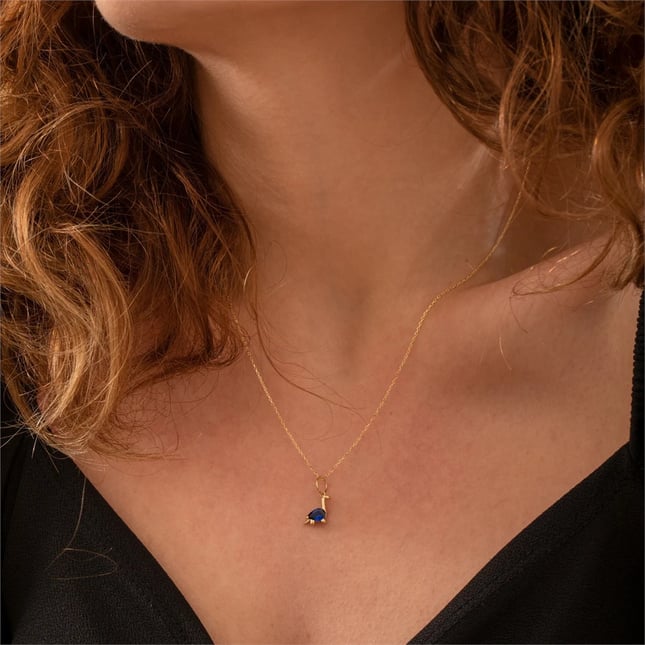 Pear CZ Brachiosaurus Birthstone Dinosaur Solid Gold Necklace