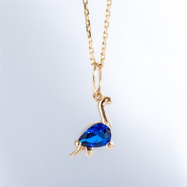Pear CZ Brachiosaurus Birthstone Dinosaur Solid Gold Necklace