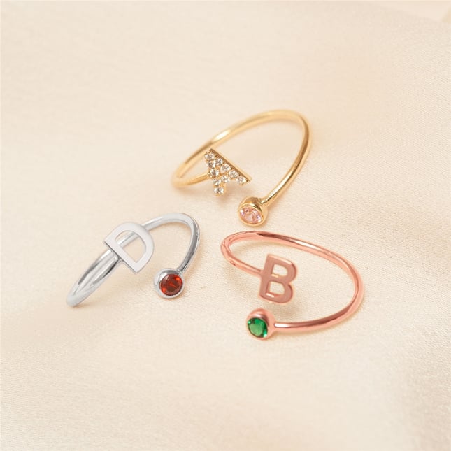 CZ Initial Letter Bypass Solid Gold Ring