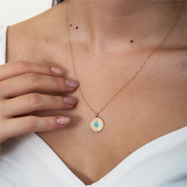 Turquoise Evil Eye Solid Gold Necklace