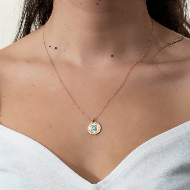 Turquoise Evil Eye Solid Gold Necklace