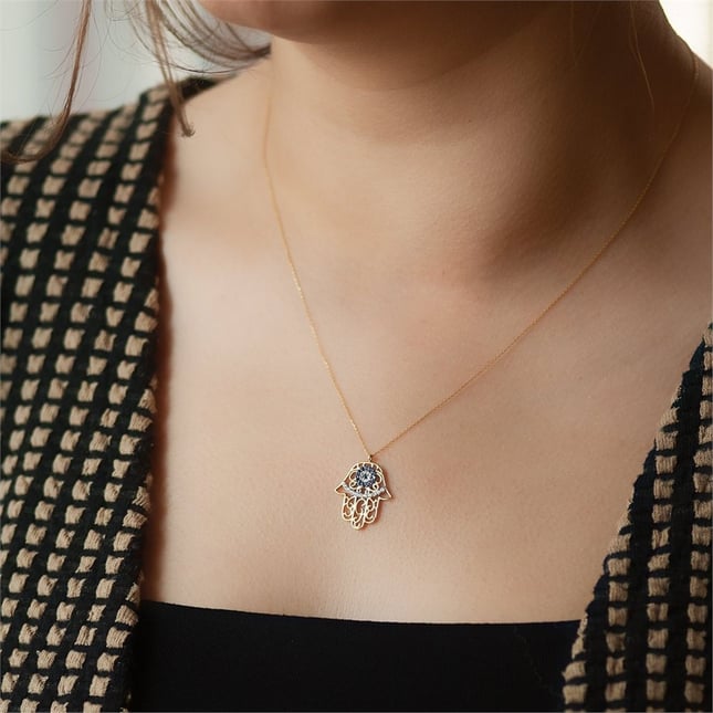 Evil Eye Hamsa Hand of Fatima Solid Gold Necklace