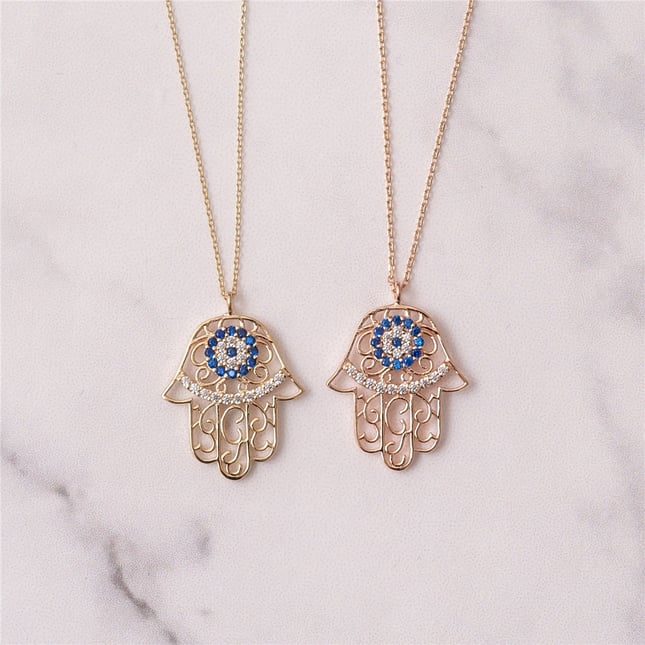 Evil Eye Hamsa Hand of Fatima Solid Gold Necklace