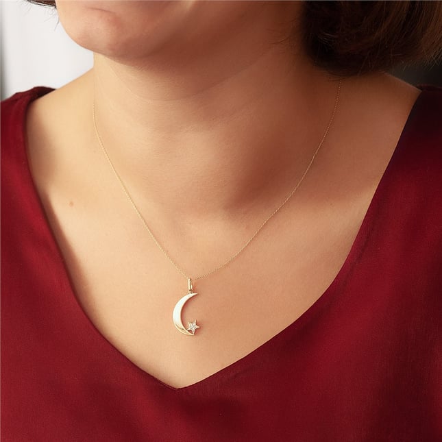 Crescent Moon and Star Solid Gold Necklace