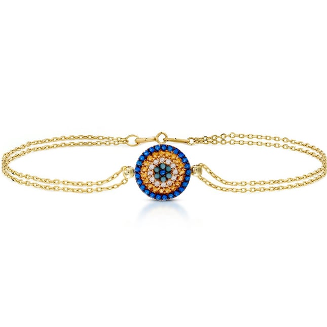 CZ Turquoise Amber Evil Eye Solid Gold Bracelet
