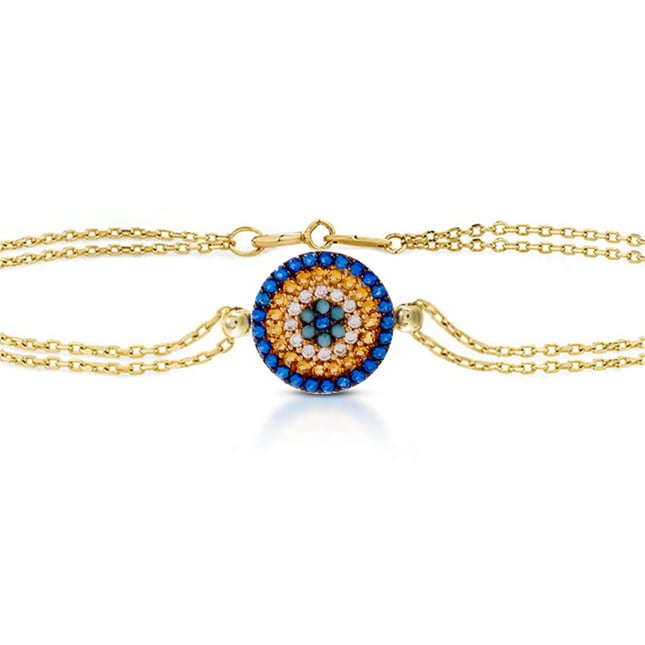 CZ Turquoise Amber Evil Eye Solid Gold Bracelet