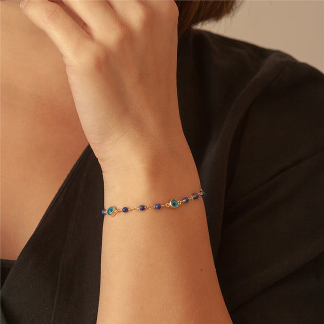 Lapis Evil Eye Station Solid Gold Bracelet