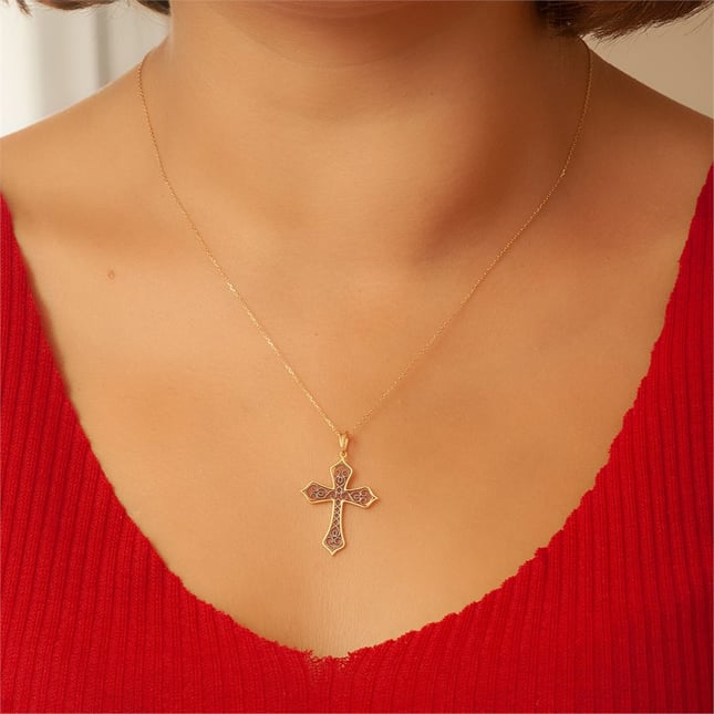 Filigree Cross Gothic Solid Gold Necklace