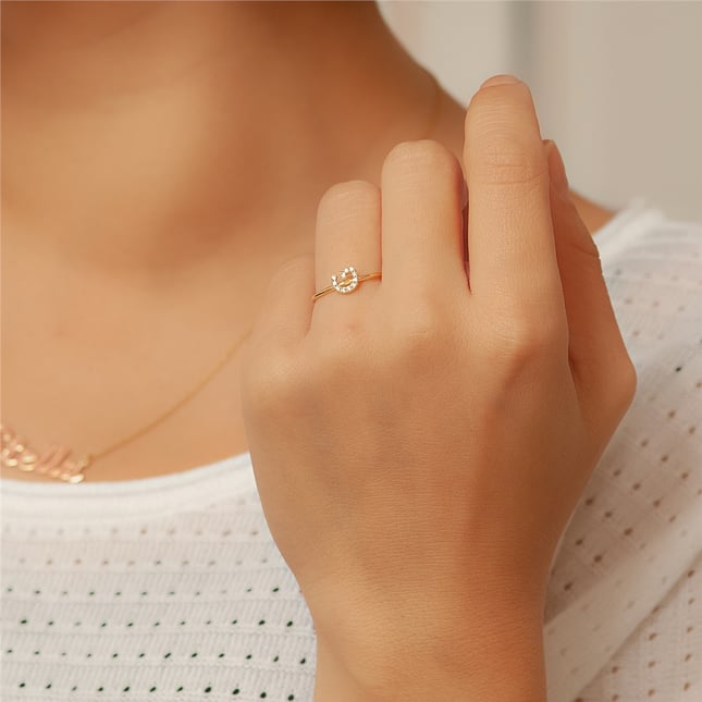 CZ Initial Letter Solid Gold Ring