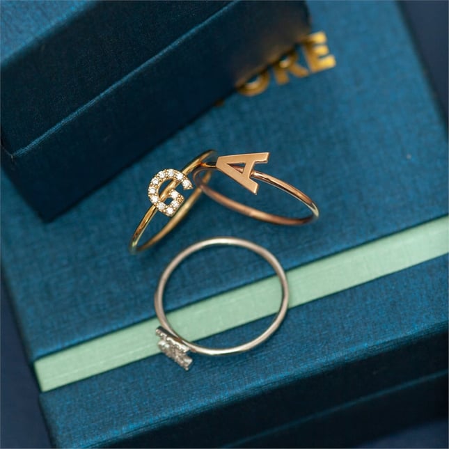 CZ Initial Letter Solid Gold Ring