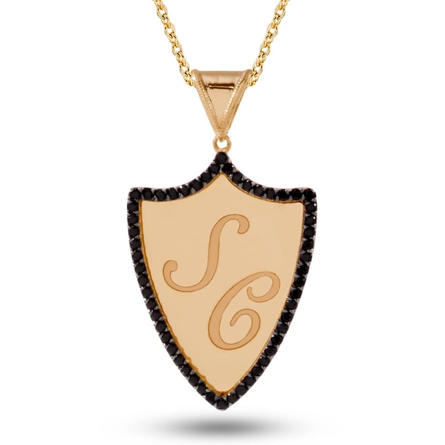 Pear CZ Initial Shield Solid Gold Necklace
