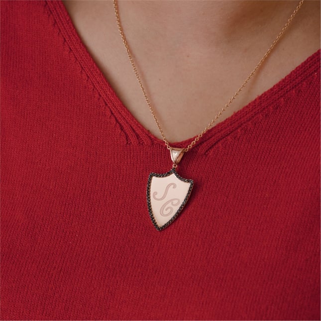 Pear CZ Initial Shield Solid Gold Necklace