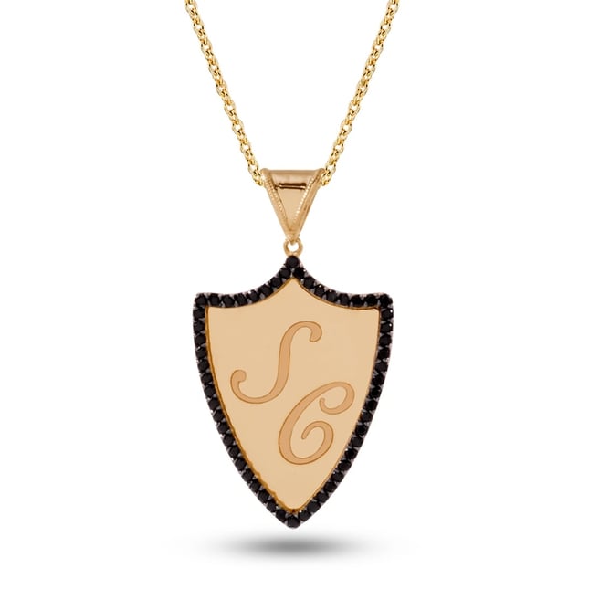 Pear CZ Initial Shield Solid Gold Necklace