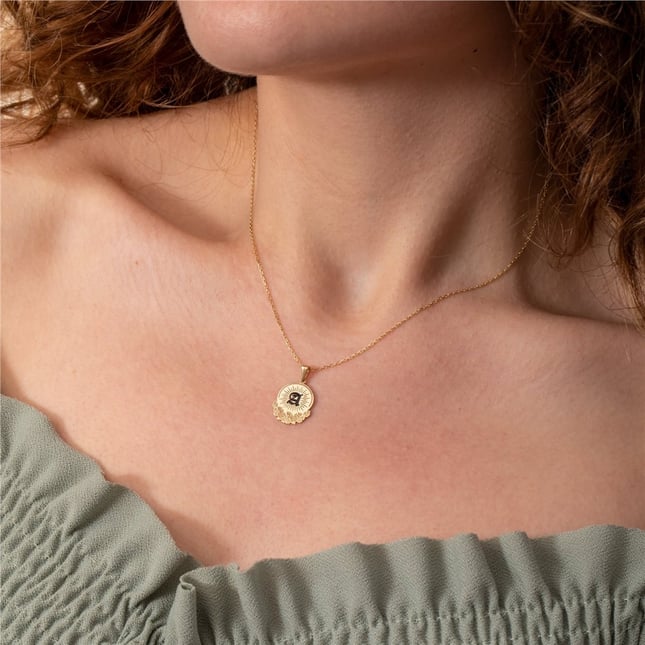 Gothic Twilight Initial Sunburst Medallion Solid Gold Necklace