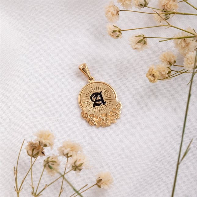 Gothic Twilight Initial Sunburst Medallion Solid Gold Necklace