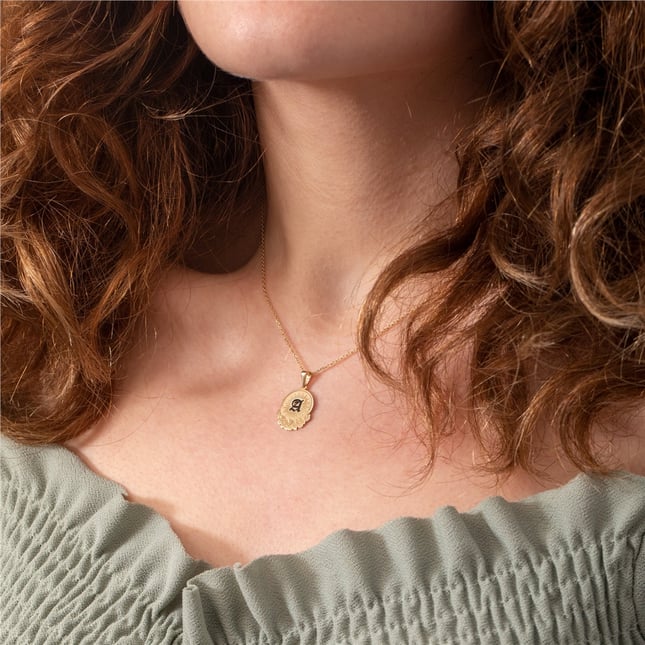 Gothic Twilight Initial Sunburst Medallion Solid Gold Necklace