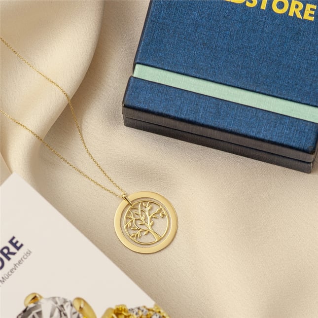 Tree of Life Hoop Solid Gold Necklace