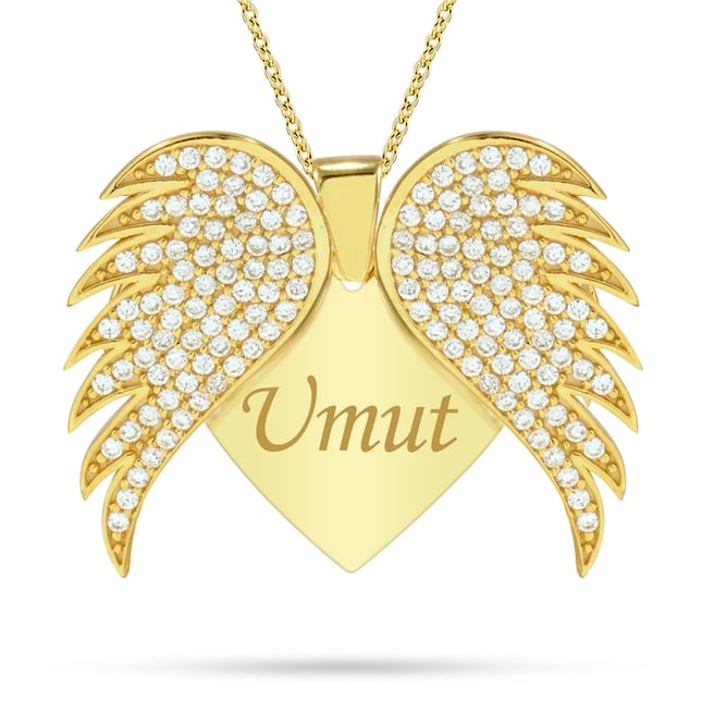 CZ Heart Wing Engraved Solid Gold Necklace