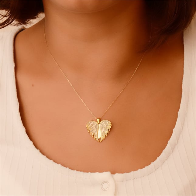 CZ Heart Wing Engraved Solid Gold Necklace