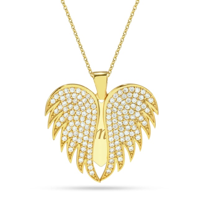 CZ Heart Wing Engraved Solid Gold Necklace