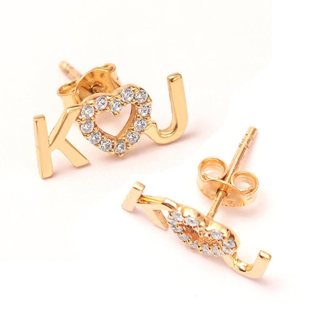 CZ Heart Initial Letter Stud Solid Gold Earring