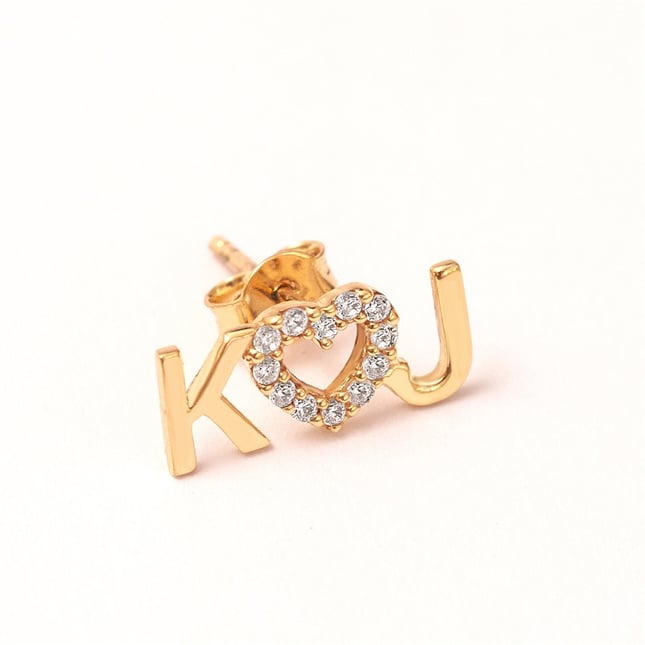 CZ Heart Initial Letter Stud Solid Gold Earring